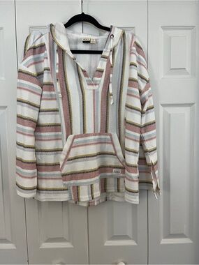 Roxy Hooded Striped Baja Pullover - White, Pink, Sage, Yellow